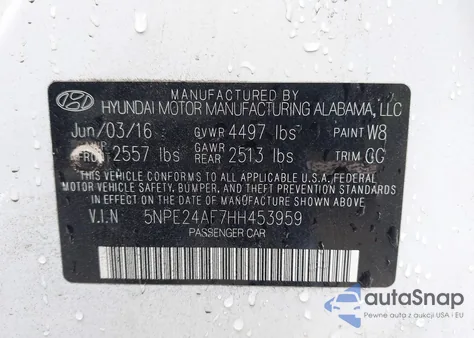 2017 Hyundai Sonata z USA, uszkodzony, nr VIN 5NPE24AF7HH453959